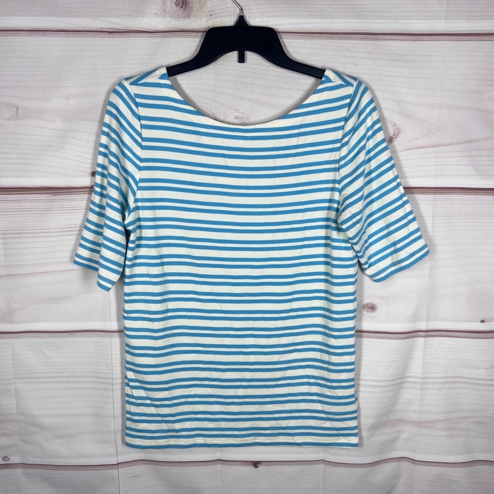 Gap Modern T-Shirt Women Large Blue Striped Scoop Back Short Sleeve Top Preppy